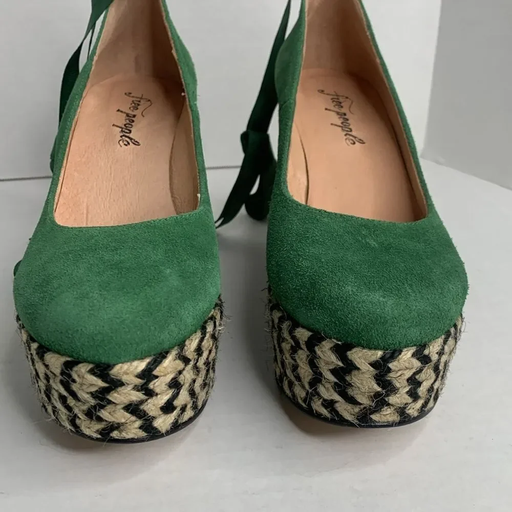 Free People Charade green suede espadrille platform wedge ankle tie pumps NWOB
